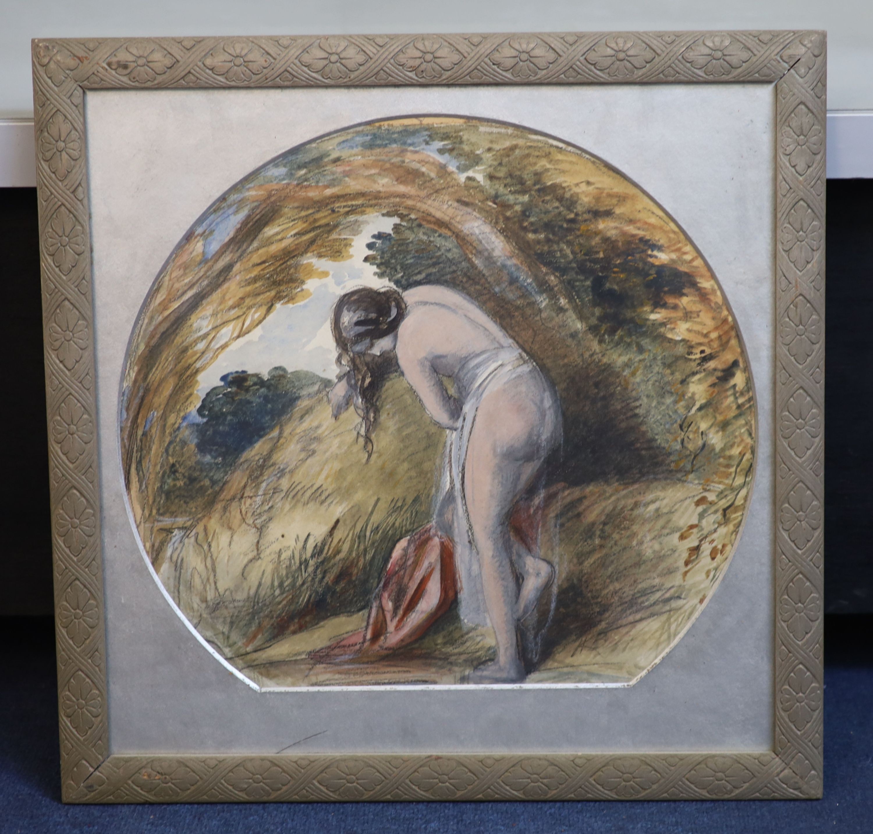 19th Century English School, Sketch of a female bather, charcoal and watercolour, 35 x 39cm